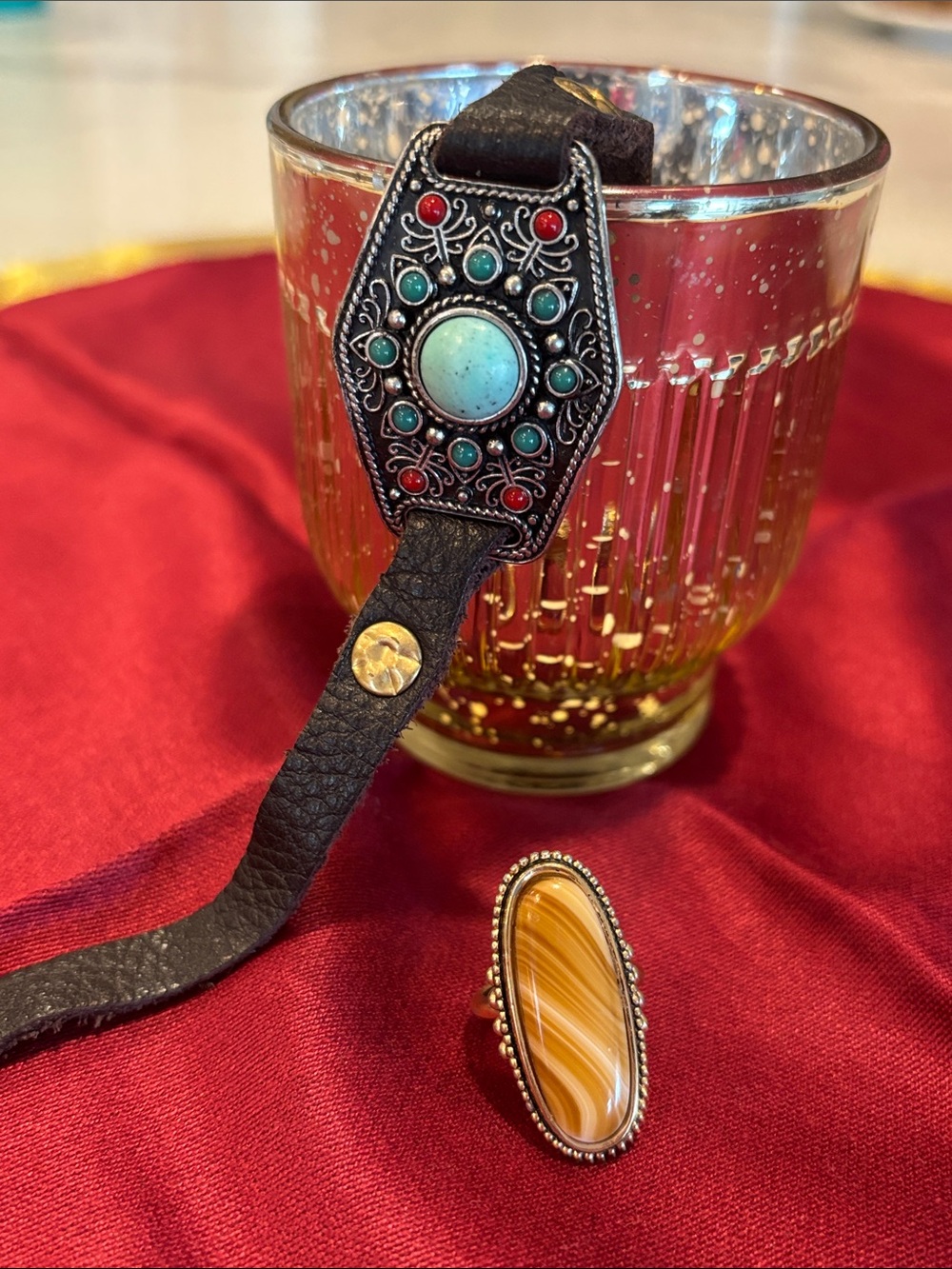 Lucky Brand Boho Black Leather Turquoise & Red Accent Bracelet - and bonus ring!